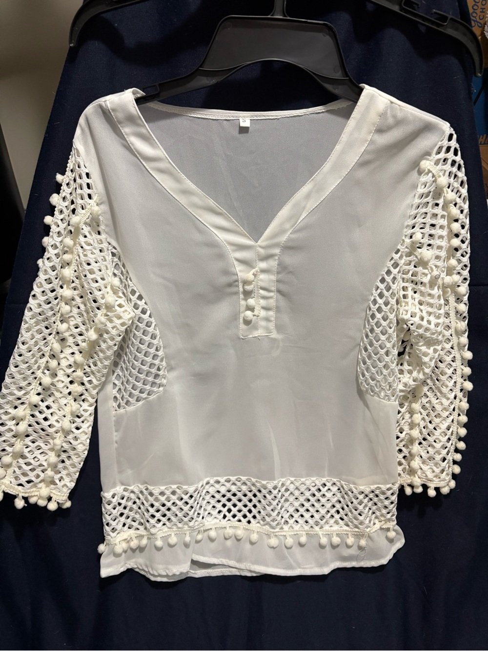 White Crochet-Sleeve V-Neck Women's Top